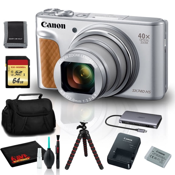 Canon PowerShot SX740 HS Digital Camera (Silver) - 20.3MP, 40x Optical Zoom, 4K Video, Includes 64GB SD Card, Tripod, and More - New(International Model)