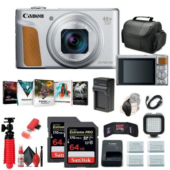 Canon PowerShot SX740 HS Digital Camera (Silver) (2956C001) + 2 x 64GB Memory Card + 3 x NB13L + Corel Photo Software + Charger + Card Reader + LED Light + Soft Bag + More (International Version)