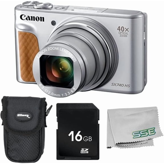 Canon PowerShot SX740 HS Digital Camera (International Model) (Silver) 4PC Bundle - Includes 16GB SD Memory Card + Point & Shoot Case + Microfiber Cleaning Cloth