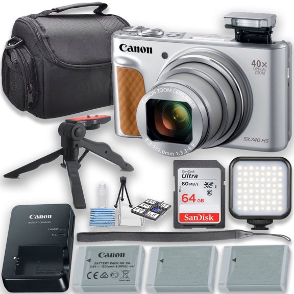 Canon PowerShot SX740 HS Digital Camera (Silver) With LED Video Light + Two Extra Batteries + 64GB Memory Card + Tripod + Case & More