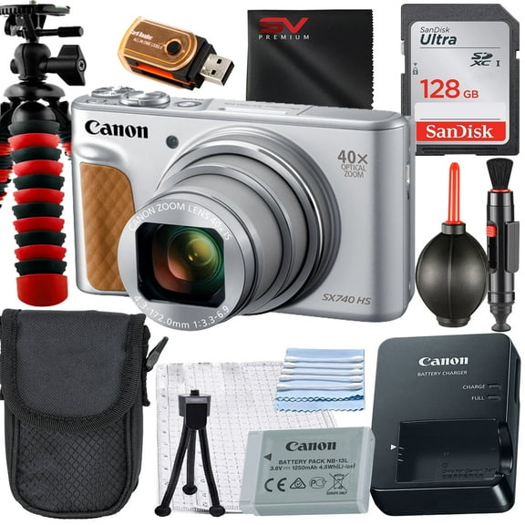 Canon PowerShot SX740 HS Digital Camera (Silver) with SanDisk 128GB Memory Card + Case + Tripod + SV Premium Accessory Bundle (International Version)