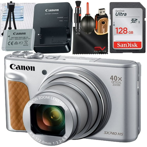 Canon PowerShot SX740 HS Digital Camera (Silver) with SanDisk 128GB Memory Card + Cleaning Pen + SV Premium Accessory Bundle (International Version)