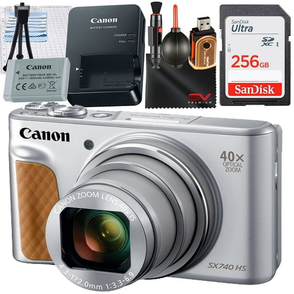 Canon PowerShot SX740 HS Digital Camera (Silver) with SanDisk 256GB Memory Card + Cleaning Pen + SV Premium Accessory Bundle (International Version)