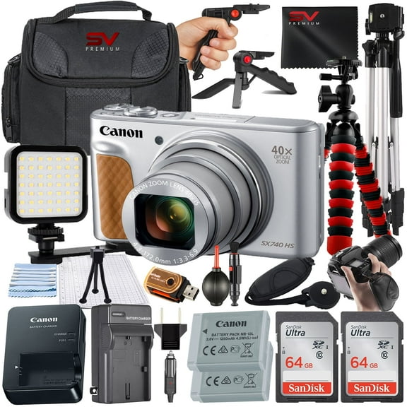 Canon PowerShot SX740 HS Digital Camera (Silver) with SanDisk 64GB Memory Card + Case + Tripod + SV Premium Accessory Bundle (International Version)
