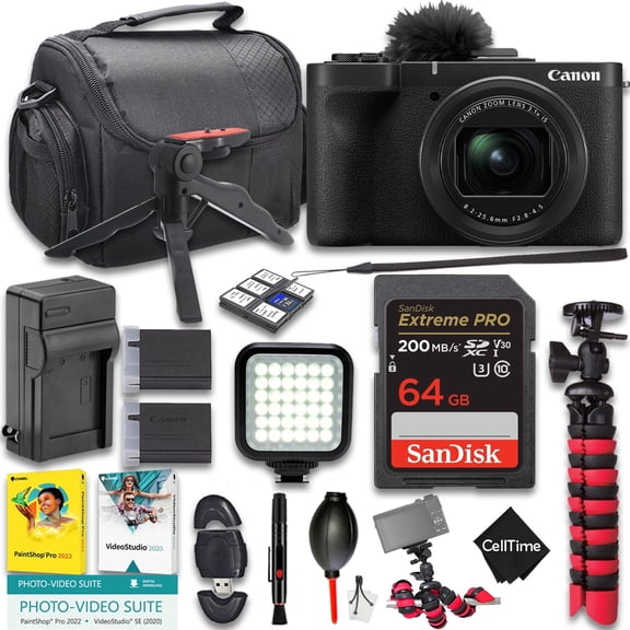 Canon PowerShot V1 Digital Camera + 64GB Memory + Extra Battery + LED Light + Spider Tripod + PC Software + Cleaning Kit + More (18pc Bundle) (International Version)