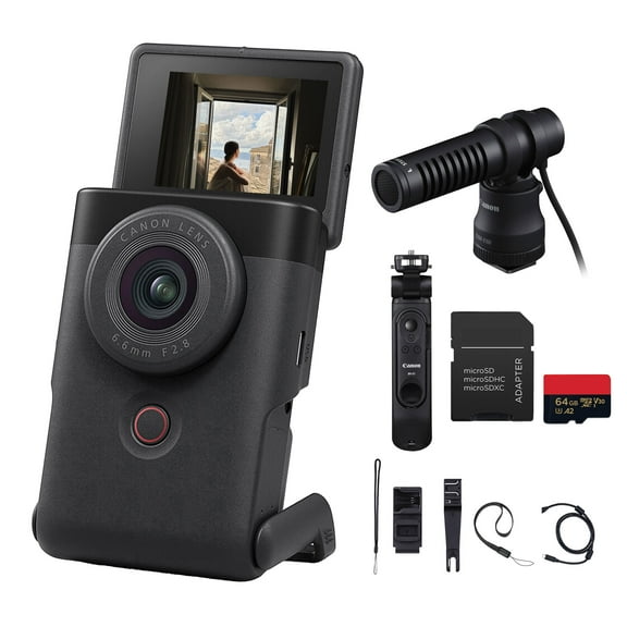 Canon PowerShot V10 Vlog Camera Compact 4K Vlogging Camera with Built-In Stand, Stereo Mics & Flip Screen (Black) (5947C002) + Tripod Grip + Canon DM-E100 Mic + 64GB Memory Card