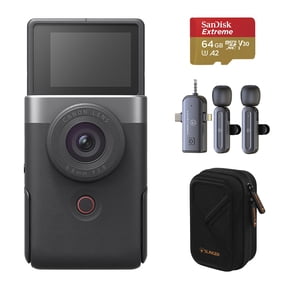 Canon PowerShot V10 Vlog Camera for Content Creators, Silver, Bundle with 64GB UHS-I U3 microSDXC Memory Card with SD Adapter, 3-In-1 Wireless Lavalier Microphone and Small Camera Case