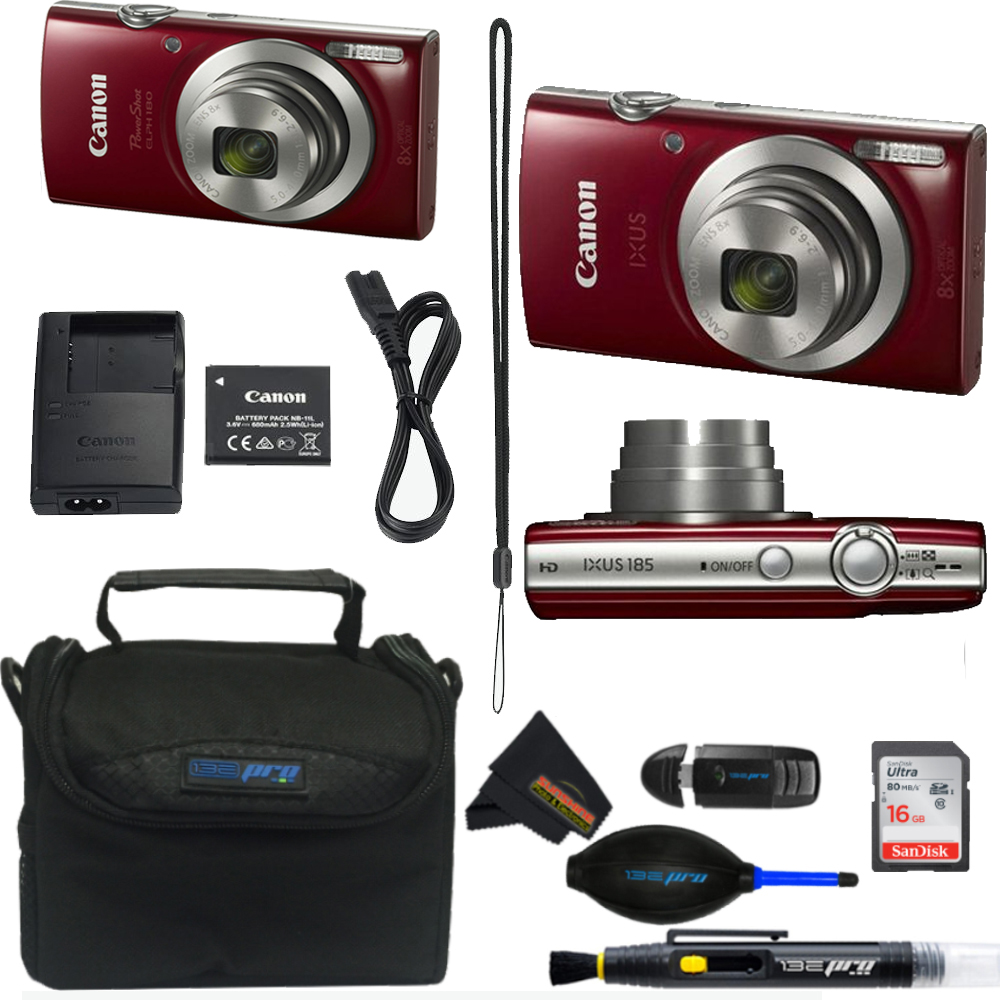 Canon Powershot Ixus 185 / ELPH 180 20MP Compact Digital Camera Red + Buzz-Photo Essential Kit - image 1 of 2
