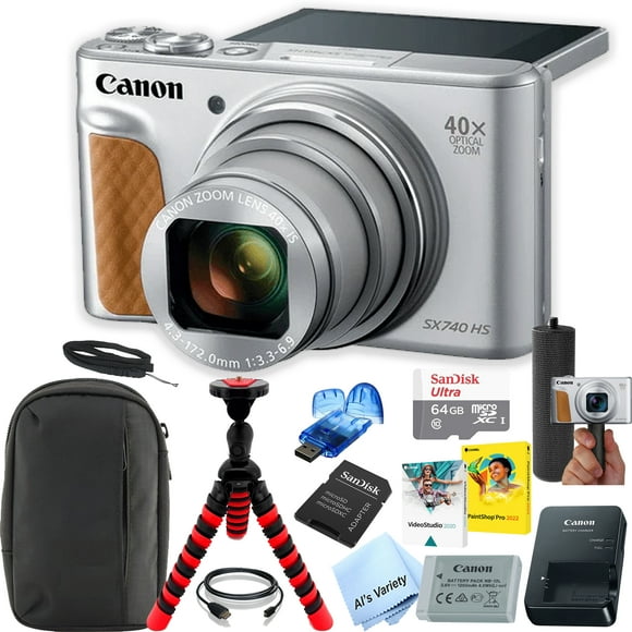 Canon Powershot SX740 HS Digital Camera (Silver) Kit with Accessories: 64GB Memory,Case, Tripod, Grip, Software, & More (International Version)