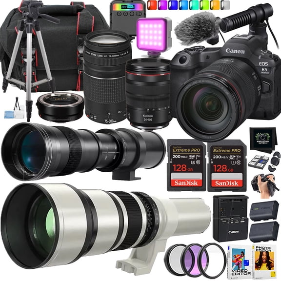 Canon R5 Mark II Mirrorless Camera + Canon RF 24-105mm USM and EF 75-300mm + 420-800mm and 650-1300mm lens (25 piece bundle) (International Version)