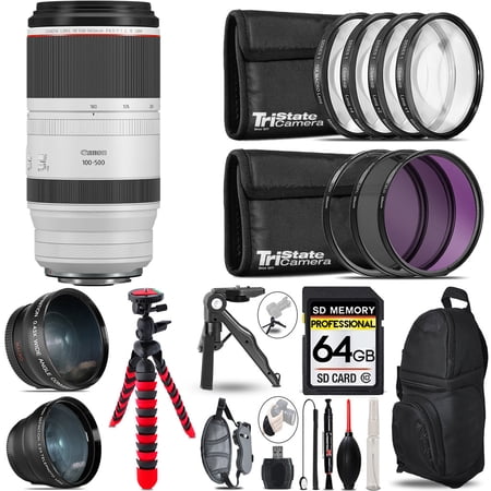 Canon RF 100-500mm f/4.5-7.1 L IS USM Lens - 3 Lens Kit + Tripod + Backpack - 64GB Accessory Bundle (International Version)