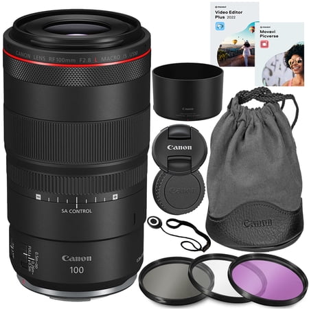 Canon RF 100mm f/2.8 L Macro IS USM Lens Bundle + HD Filter Kit + Lens Cap Keeper + 5 in 2 Photo/Video Editing Software Package (11 Items)