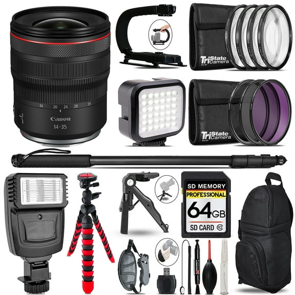 Canon RF 14-35mm f/4 L IS USM Lens - Video Kit + Slave Flash + Monopad - 64GB Accessory Bundle (International Version)