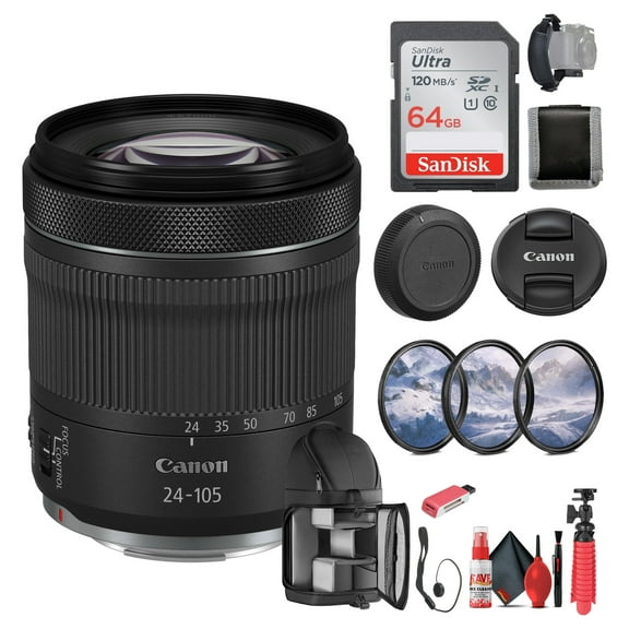 Canon RF 24-105mm F/4-7.1 IS STM Lens (4111C002) + 64GB Memory Card + Filter Kit + BackPack + Card Reader + Flex Tripod + Memory Wallet + Cap Keeper + Cleaning Kit + Hand Strap (International Version)