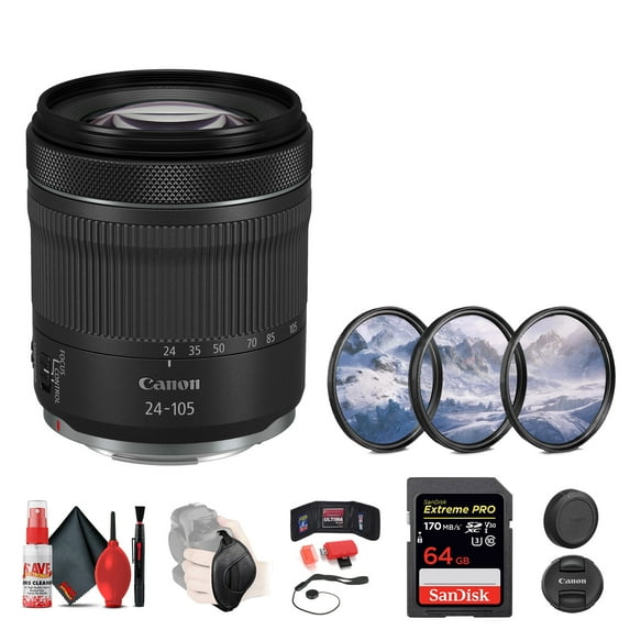 Canon RF 24-105mm F/4-7.1 IS STM Lens + 64GB SD Card + Camera Bag + 3-Piece Filter Set + Memory Card Wallet + Hand Strap + Lens Cap Keeper + Cleaning Kit (International Version)