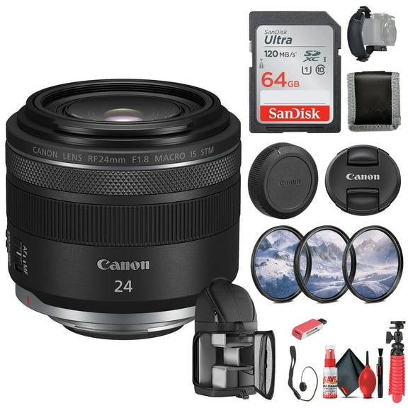 Canon RF 24mm f/1.8 Macro IS STM Lens (5668C002) + 64GB Memory Card + Filter Kit + BackPack + Card Reader + Flex Tripod + Memory Wallet + Cap Keeper + Cleaning Kit + Hand Strap