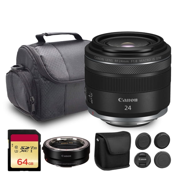 Canon RF 24mm f/1.8 Macro IS STM Lens Wide-Angle Prime with 1:2 Macro Capability, Optical Image Stabilization & Smooth STM AF For Travel & Creative Photography (5668C002) + Adapter EF-EOS R + More