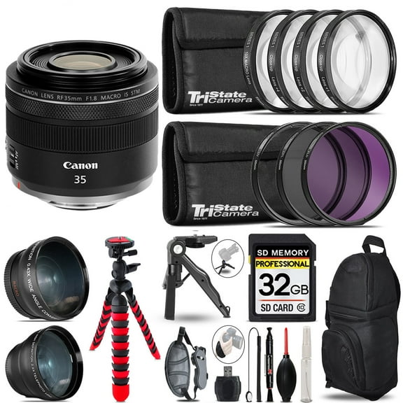 Canon RF 35mm f/1.8 IS Macro STM Lens - 3 Lens Kit + Tripod + Backpack - 32GB Accessory Bundle (International Version)