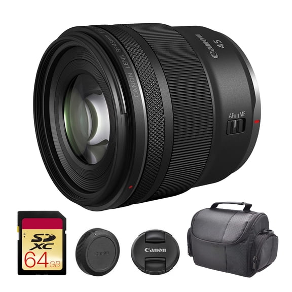 Canon RF 45mm f/1.2 STM Lens | Fast Wide-Aperture Prime with Smooth AF & Low-Light Performance | Great for Portraits, Weddings & Creative Photography (013803386868) + 64GB Memory Card + Camera Bag