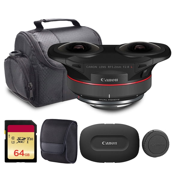 Canon RF 5.2mm f/2.8L Dual Fisheye 3D VR Lens | L-Series Stereoscopic VR Lens with Dual Optics, Fast f/2.8 Aperture & RF Mount Design | For Immersive VR & 3D Content (5554C002) + 64GB Card + Bag