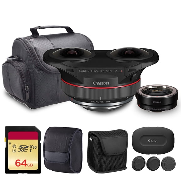 Canon RF 5.2mm f/2.8L Dual Fisheye 3D VR LensL-Series Stereoscopic VR Lens with Dual Optics, Fast f/2.8 Aperture & RF Mount DesignFor Immersive VR & 3D Content (5554C002) + Adapter EF-EOS R + More