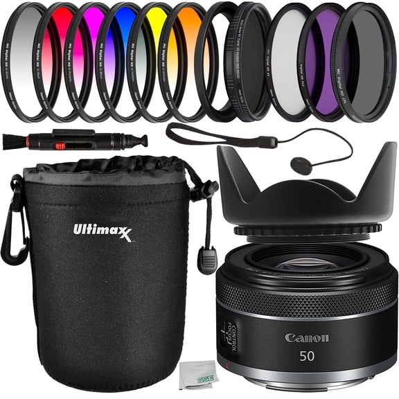 Canon RF 50mm f/1.8 STM Lens with Essential Filter Accessory Bundle: Water Resistant Lens Pouch, 3PC Multi-Coated UV Filter Kit, Variable Neutral Density Filter (ND2 - ND400) & More