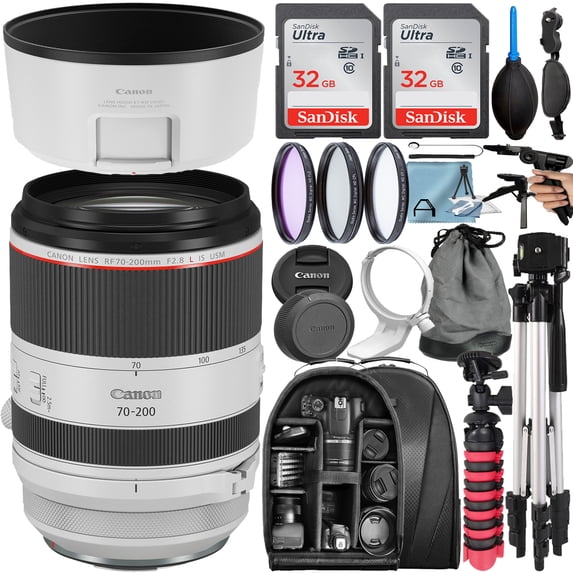 Canon RF 70-200mm F/2.8 L IS USM Telephoto Zoom Lens with 2 Pack 32GB Memory Card + Tripod + Backpack + A-Cell Accessory Bundle (International Version)