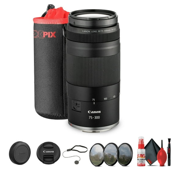 Canon RF 75-300mm F4-5.6 Telephoto Zoom Long-Range Autofocus Lens for EOS R Mirrorless Cameras + 58mm 3 Piece Filter Kit + Large Lens Bag + Cap Keeper + Cleaning Kit Bundle