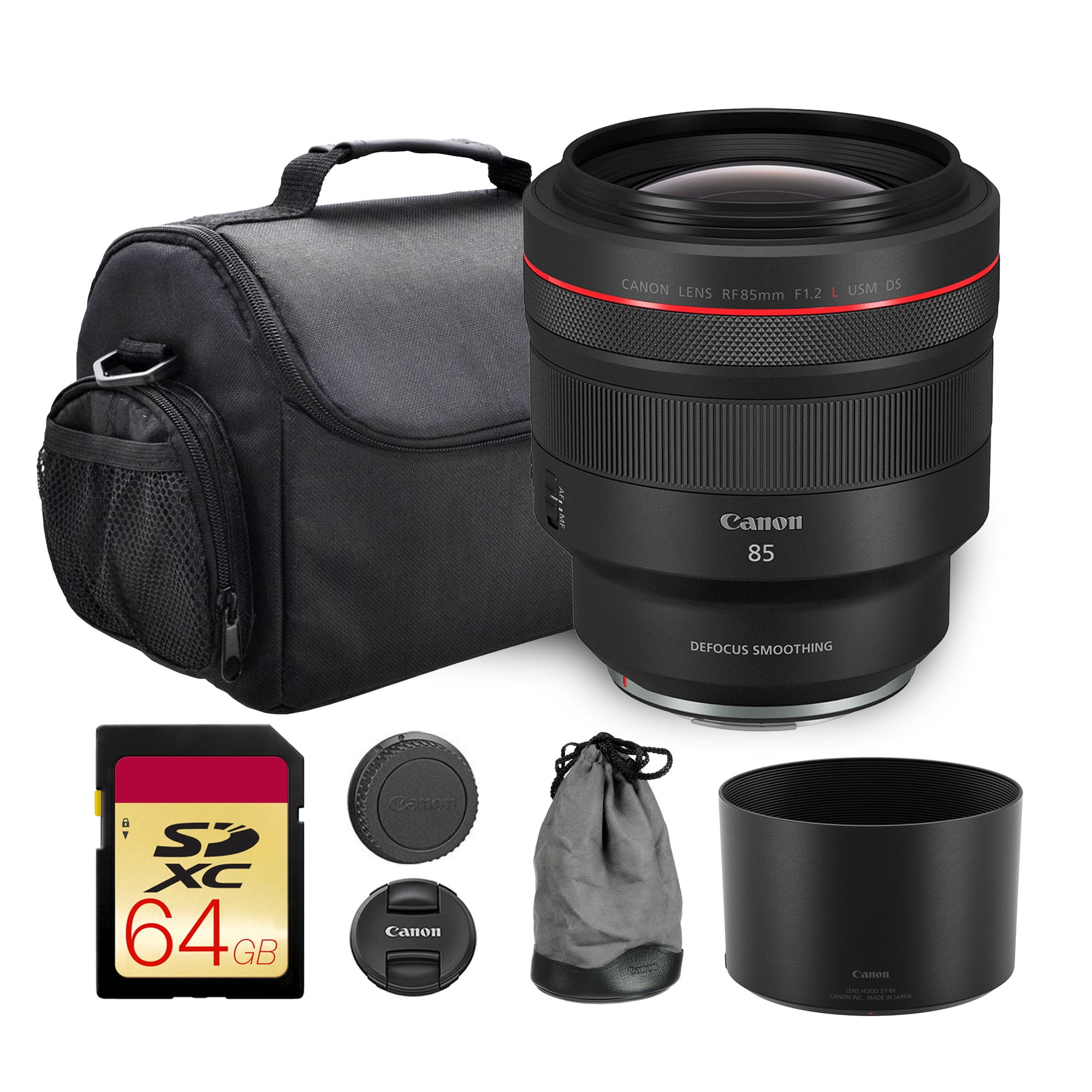 Canon RF 85mm f/1.2 L USM DS Lens | L-Series Portrait Prime with Defocus Smoothing, Bright f/1.2 Aperture & Advanced Optics | For Portraits & Wedding Photography (3450C002) + Shoulder Bag + 64GB Card