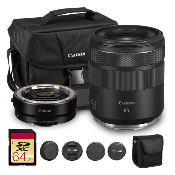 Canon RF 85mm f/2 Macro IS STM Lens | Compact Medium-Telephoto Prime with Image Stabilization & STM Autofocus | For Portraits & Low-Light Photography (4234C002) + Adapter EF-EOS R + Bag + 64GB Card