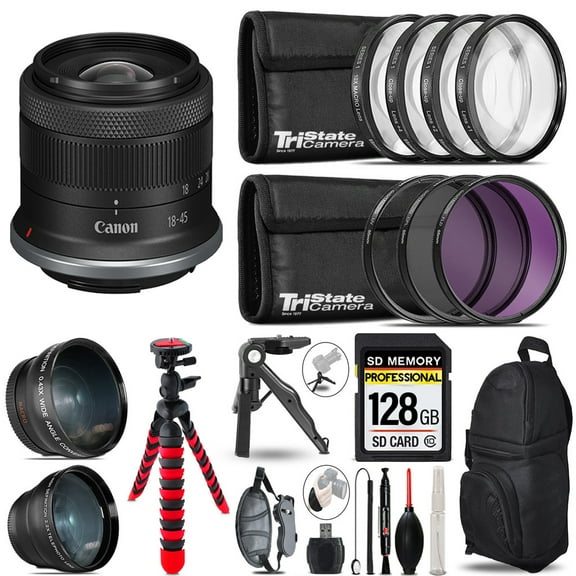 Canon RF-S 18-45mm f/4.5-6.3 IS STM Lens + 3 Lens Kit + Tripod + Backpack - 128GB Accessory Bundle (International Version)