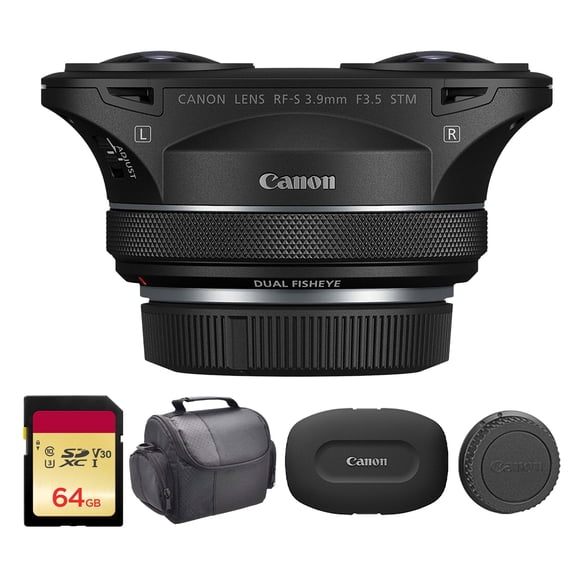 Canon RF-S 3.9mm F/3.5 STM Dual Fisheye VR Lens Bundle with 64GB Card and Bag (6578C002)