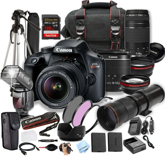 Canon Rebel T100 (EOS 4000D) w/18-55mm, 75-300mm, 420-800mm Super Telephoto Lens, 128GB SD Card, and More (Extreme Pro-Bundle)
