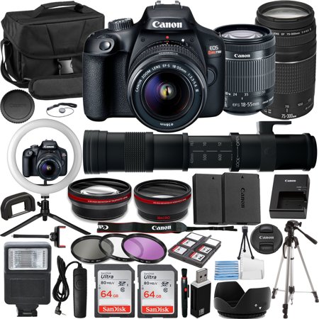 Canon Rebel T100 Vlogger Kit:EF-S 18-55mm, EF 75-300mm & 420-800mm Lenses, 64GB Memory Card, Ring Light, Spider Tripod, 3 Piece Filter Kit, Gadget Bag, Remote Shutter, USB Card Reader & Cleaning Kit
