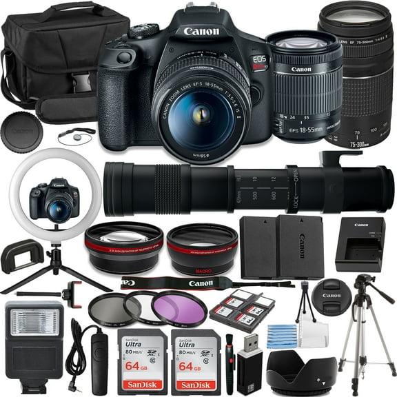 Canon Rebel T7 Vlogger Kit:EF-S 18-55mm, EF 75-300mm & 420-800mm Lenses, 64GB Memory Card, Ring Light, Spider Tripod, 3 Piece Filter Kit, Gadget Bag, Remote Shutter, USB Card Reader & Cleaning Kit