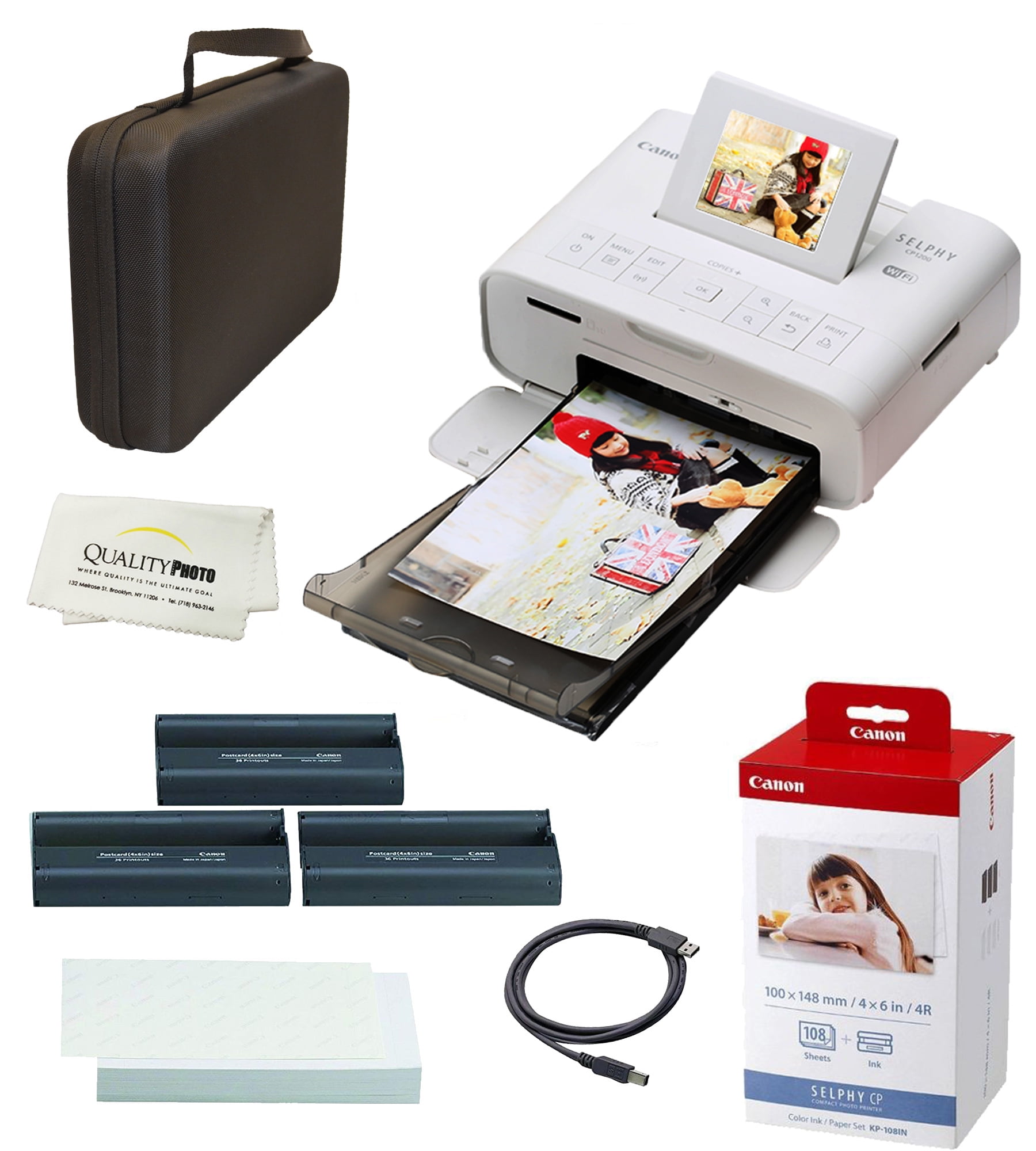 Canon SELPHY CP1300 Wireless Compact Photo Printer with AirPrint and Mopria  Device Printing, White, With Canon KP108 Paper And Black hard case to fit