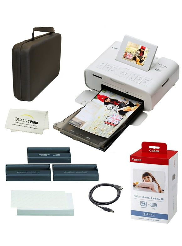 Canon SELPHY CP1300 Wireless Compact Photo Printer with AirPrint and Mopria Device Printing, White, With Canon KP108 Paper And Black hard case to fit all together