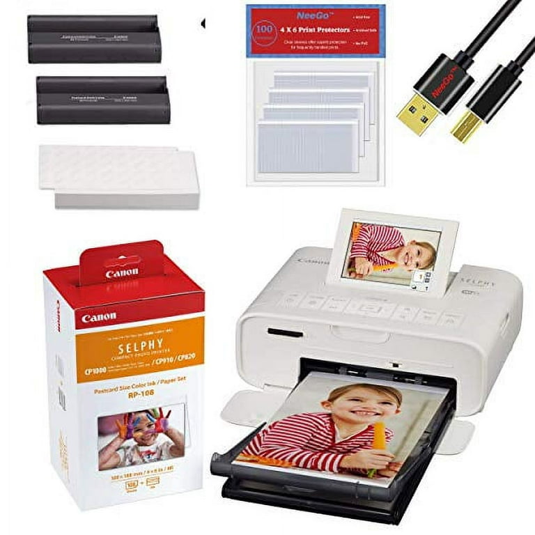 Canon SELPHY CP1300 Wireless Compact Photo Printer (White) + Canon RP-108  Ink Paper 108 Sheets of 4x6 Paper + Printer Cable & NeeGo Print Protector 