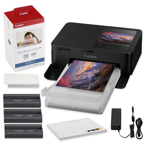 Canon SELPHY CP1500 Compact Photo Printer Black | Dye-Sublimation + KP-108IN Ink/Paper (108 Sheets) + 64GB Card