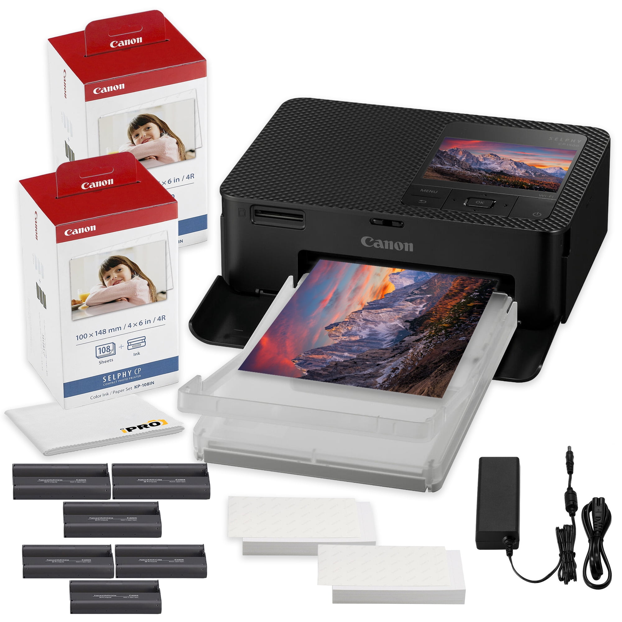 Canon SELPHY CP1500 Compact Photo Printer Black | Dye-Sublimation + KP-108IN Ink/Paper (216 Sheets) + 64GB Card