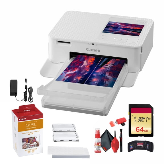 Canon SELPHY CP1500 Compact Photo Printer (White) (5540C002) + Canon KP-108IN Color Ink and Paper Set + 64GB Ultra Memory Card + Cleaning Kit + Memory Card Wallet + Card Reader (International Version)
