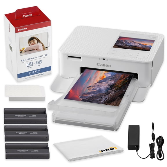 Canon SELPHY CP1500 Compact Photo Printer White | Dye-Sublimation + KP-108IN Ink/Paper (108 Sheets) + 64GB Card
