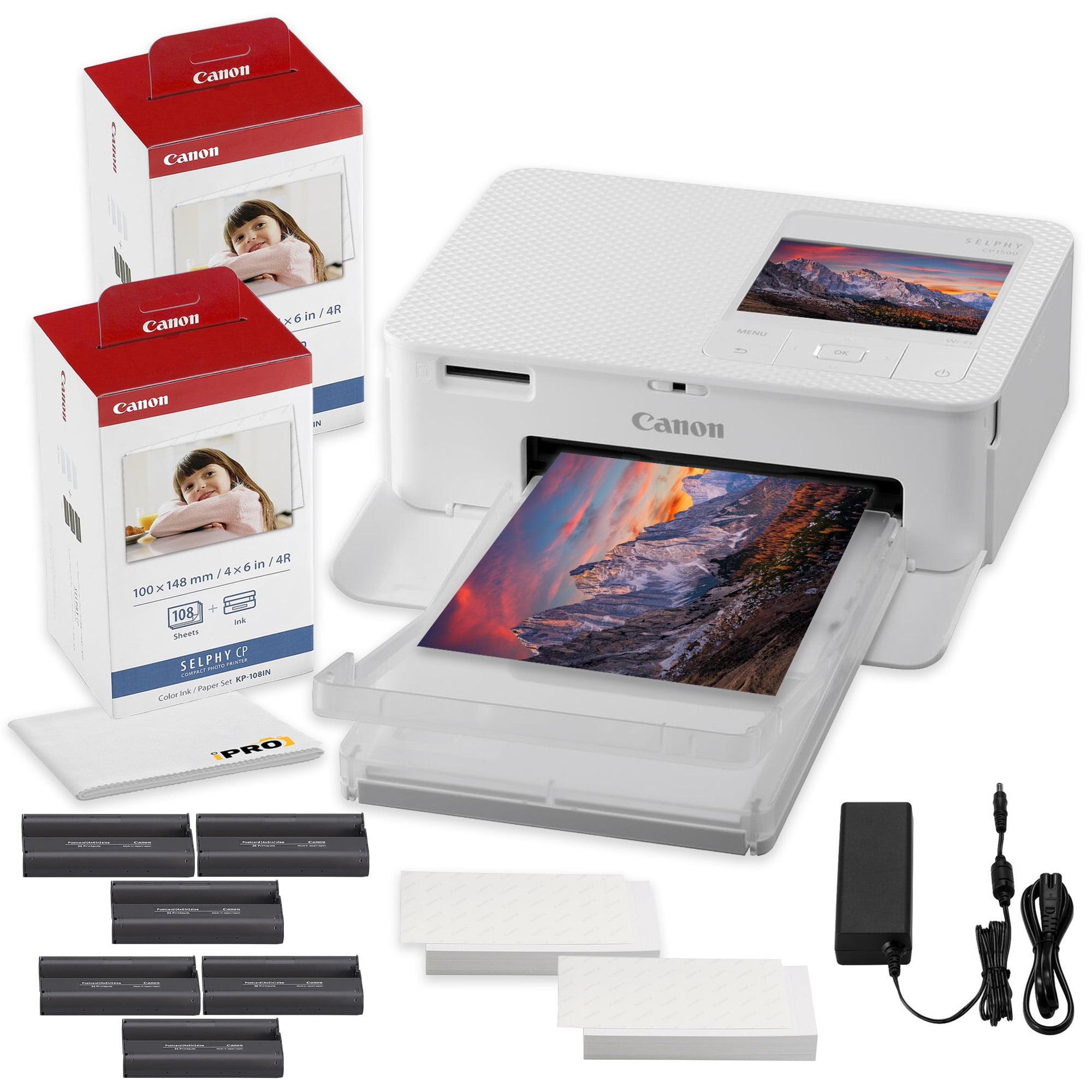 Canon SELPHY CP1500 Compact Photo Printer White | Dye-Sublimation + KP-108IN Ink/Paper (216 Sheets) + 64GB Card