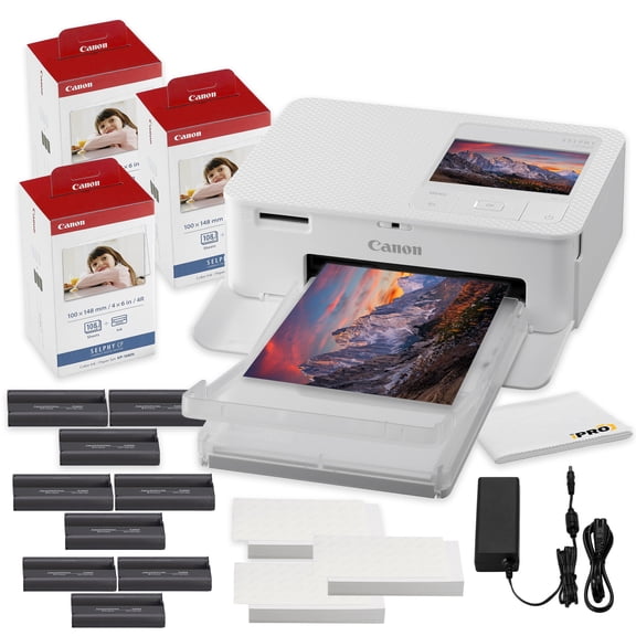Canon SELPHY CP1500 White Compact Photo Printer Bundle | Portable Dye-Sublimation + KP-108IN Ink/Paper + 64GB Card