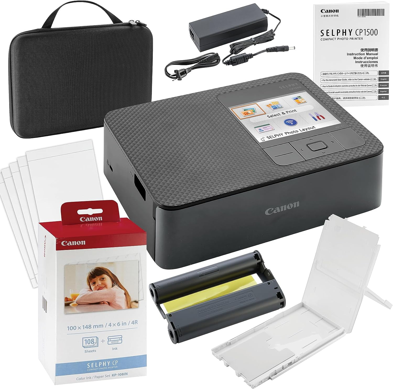 Canon SELPHY CP1500 Wireless Compact Photo Printer with AirPrint and Mopria  Device Printing, Black, With Canon KP108 Paper And Black hard case to fit  all together 