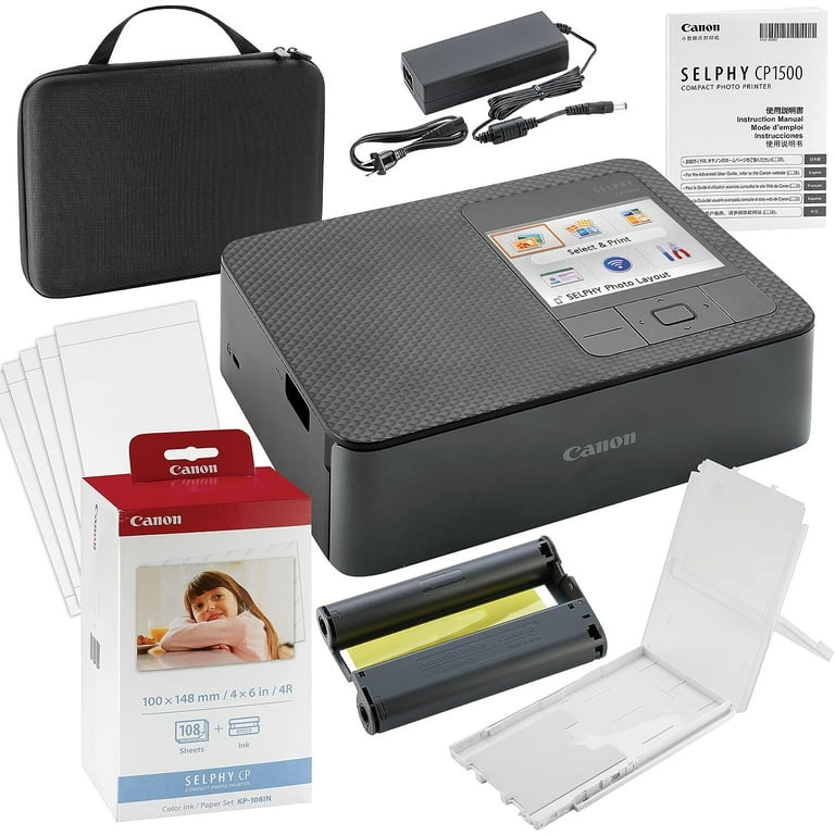 Canon SELPHY CP1500 Wireless Compact Photo Printer with AirPrint and Mopria  Device Printing, Black, With Canon KP108 Paper And Black hard case to fit  all together 