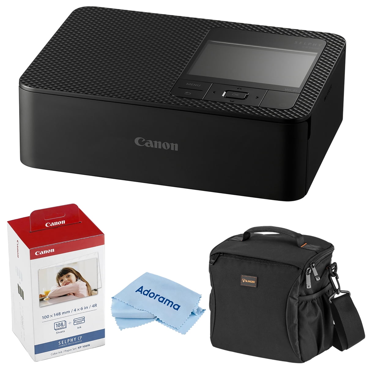 Canon SELPHY CP1500 Wireless Compact Photo Printer, Black w/ CANON*KP-108IN COLOR INK & PAPER SET,SLINGER ALPINE 160 SHOULDER BAG & ADORAMA MICROFIBER CLOTH SMALL
