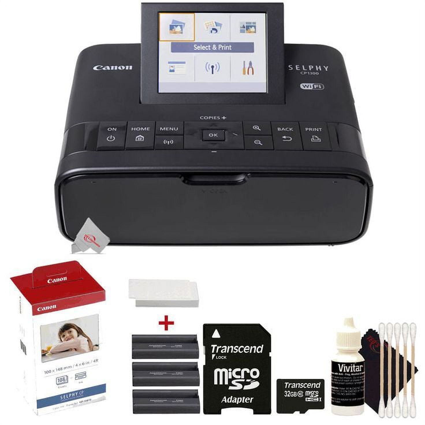 Canon Selphy CP1300 Compact Photo Printer Black with Canon KP108IN Paper Accessory Kit