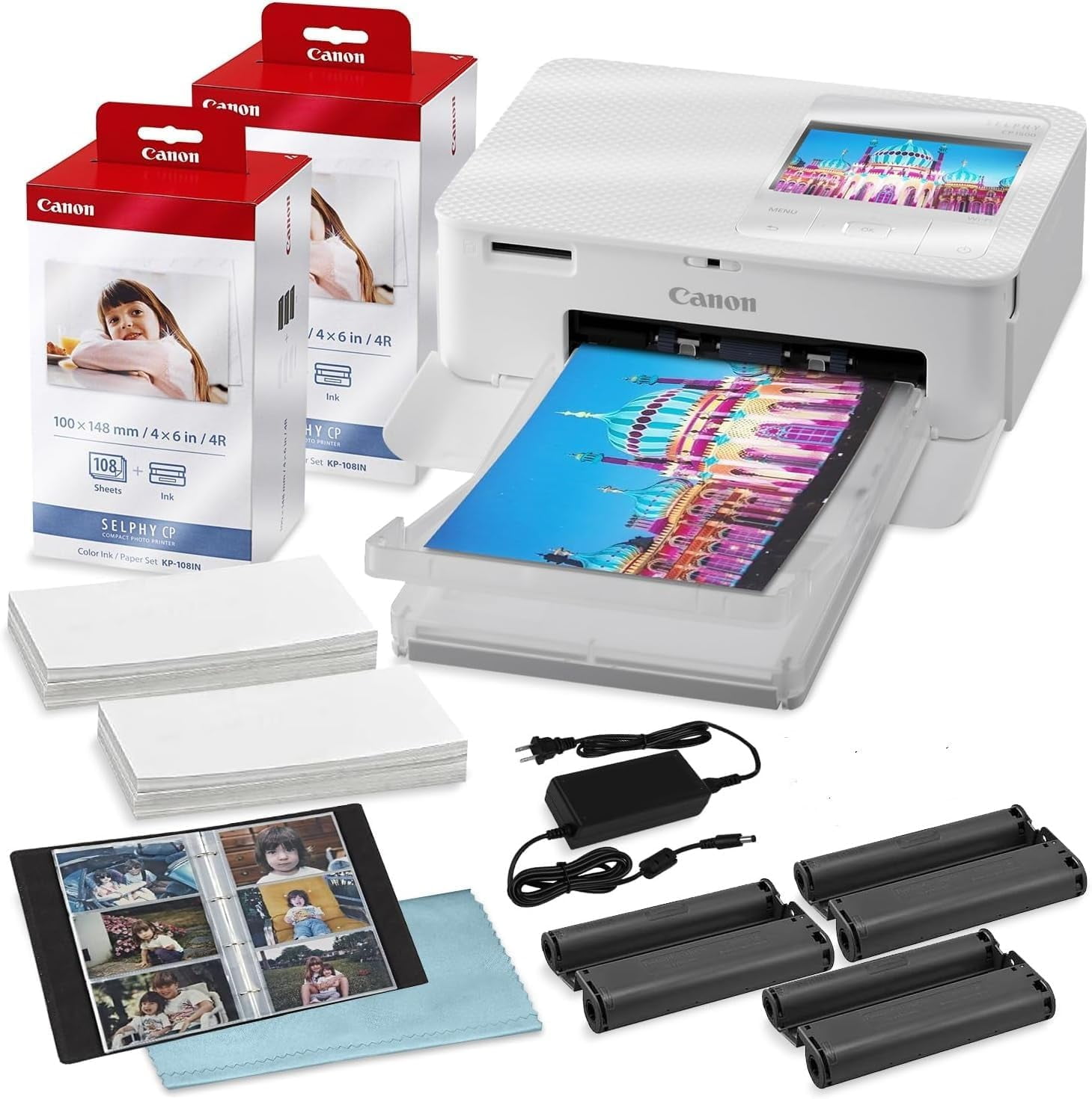 Canon Selphy CP1500 PrinterWhite, Wireless, 2Pack KP108IN Ink Set, Adapter, Album