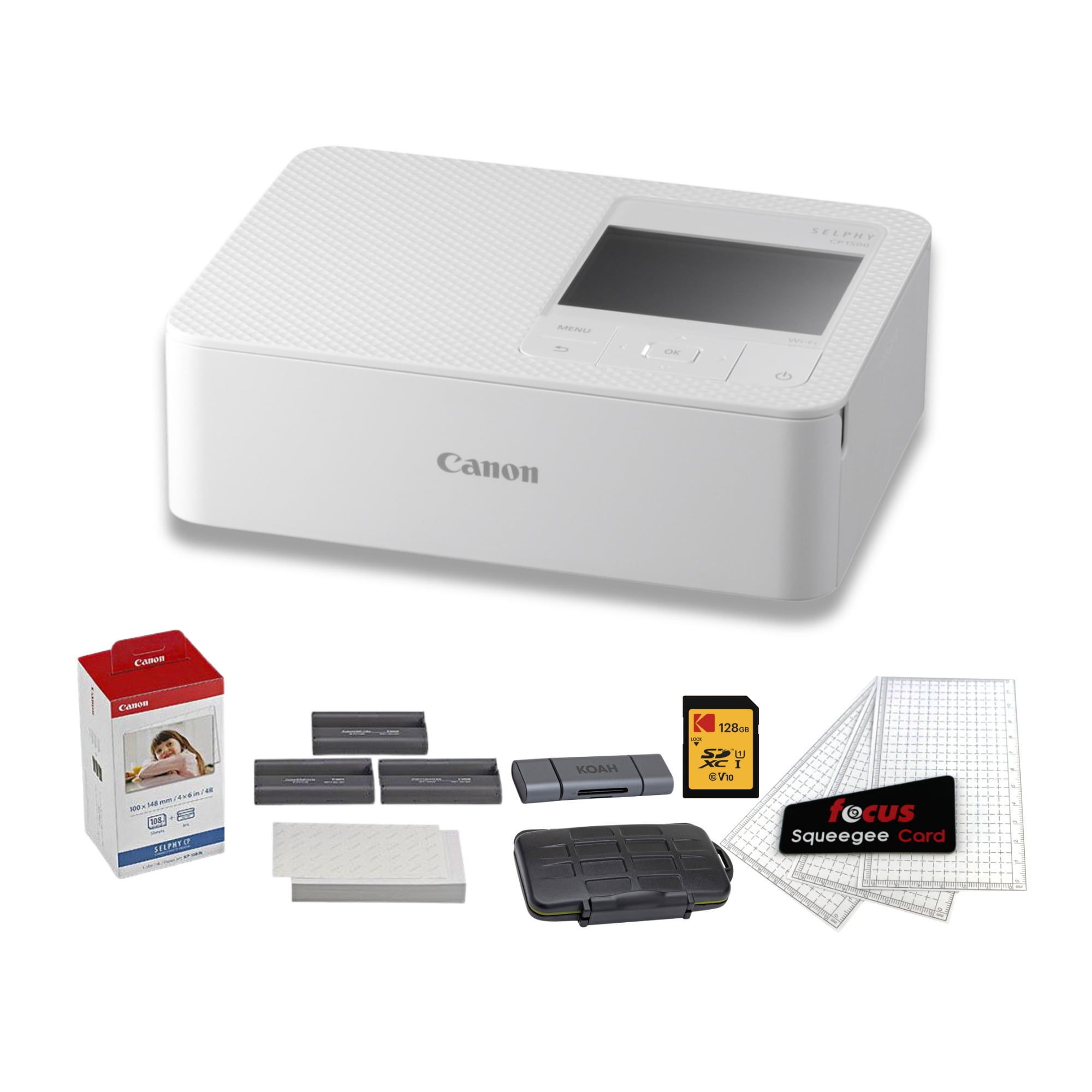 Canon Selphy CP1500 Wireless Compact WiFi AirPrint USB and Dye Sublimation Photo Printer (White) Bundle with Accessories (12 Items)